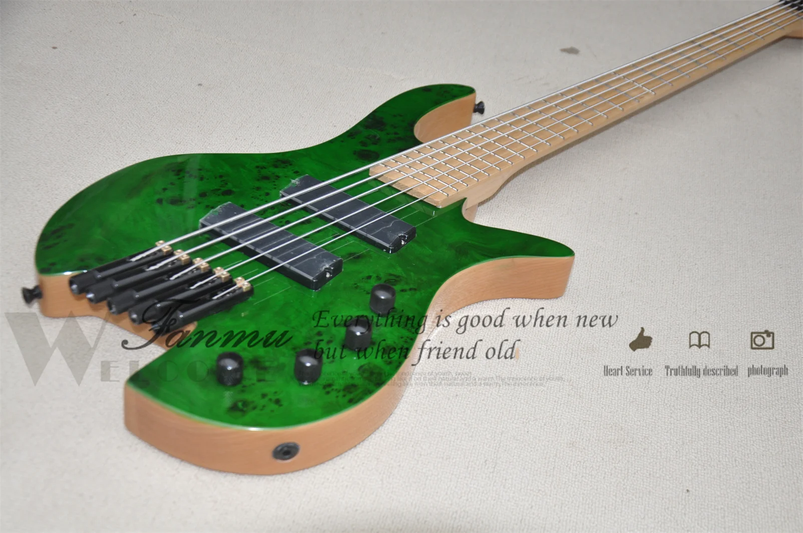5 String Bass Guitar Headless Bass Green Bass ASH Wood Body Burl Maple Top Maple Neck High-quality Idependent Bridge