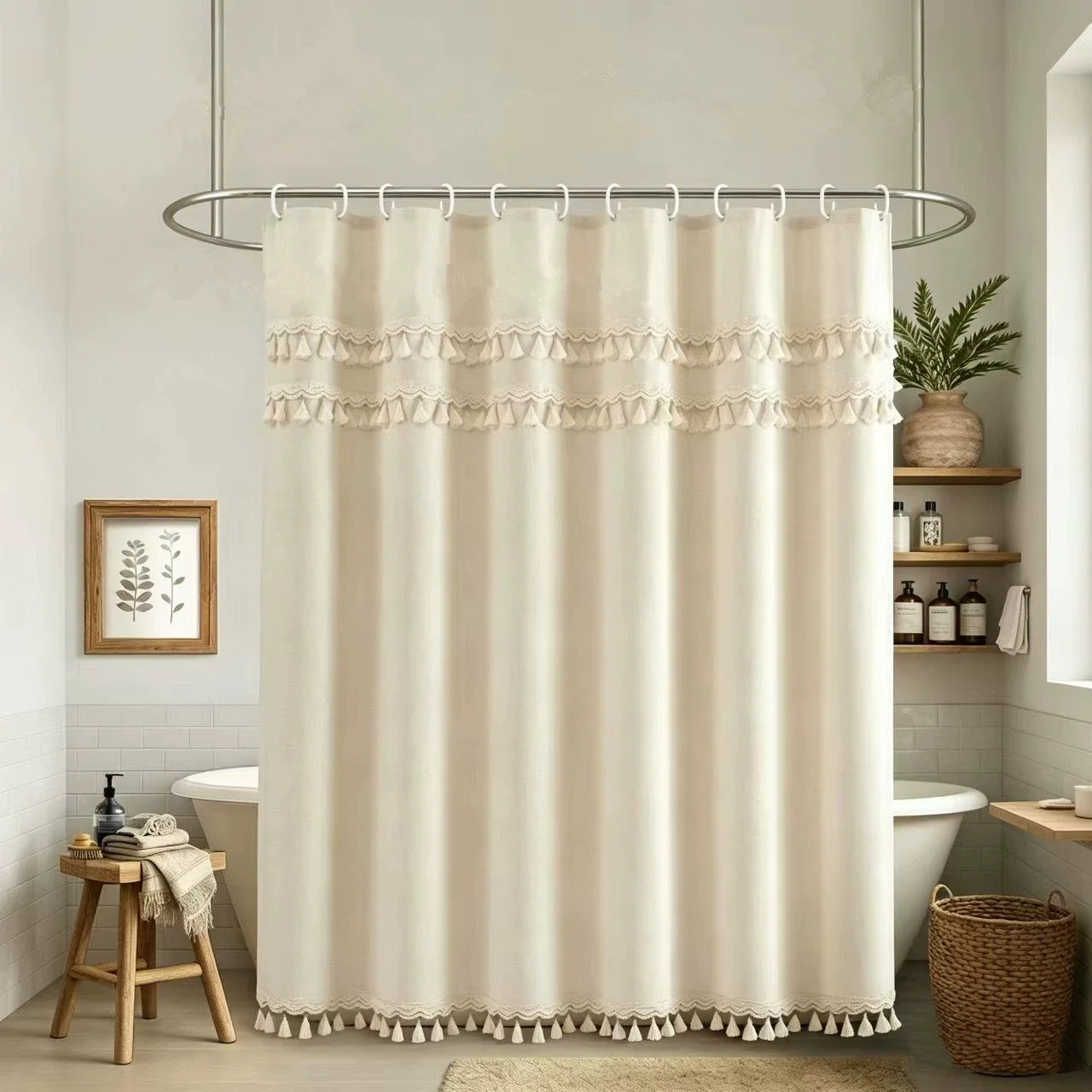 Linen Waterproof Shower with Hooks Beige Color Superior Quality Home Hotel Decor Tassels Shower Curtain for Bathroom - view 3