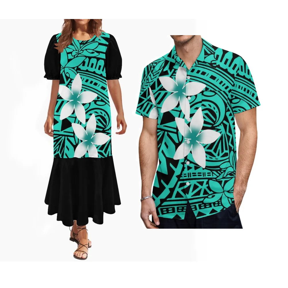 

Женское платье-муму с круглым вырезом и пышными рукавами в этническом стиле, мужская рубашка с пышными рукавами в стиле Микронезии, парные наряды на заказ