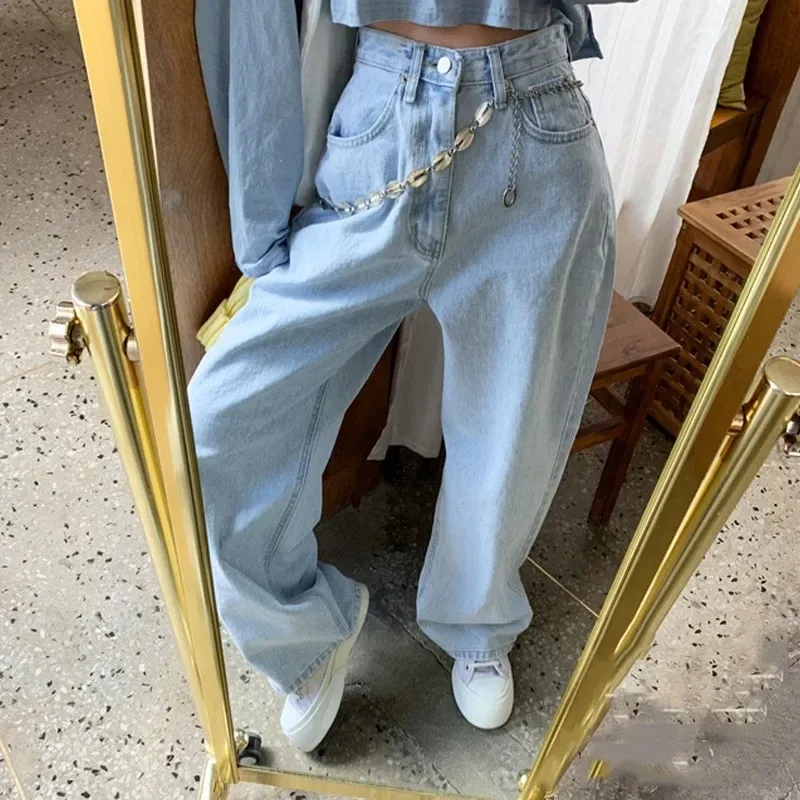 

New Korean Wide-leg Casual Trousers, Mopping Pants Baggy Jeans Large Size Fashion Washed Light Blue Pants High-waisted Straight