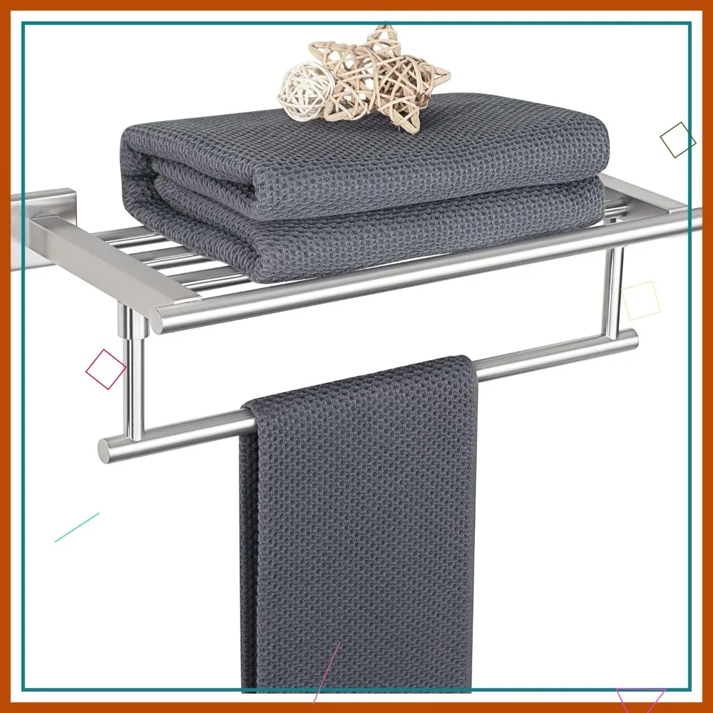 

16 Inch Wall Mounted Towel Rack for Bathroom, Heavy Duty Stainless Steel Shelf with Towel Bars in Brushed Nickel Finish
