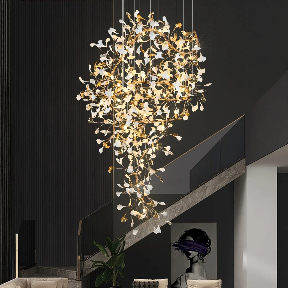 

Modern Ginko Leaves Hanging Staircase Chandeliers For Hall Lobby Luxury Large Designer High Ceiling Living Room Ceramics S-shape