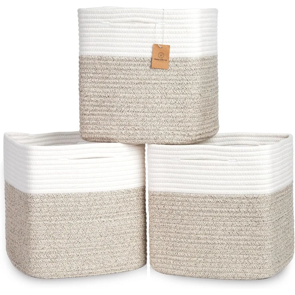 

13-дюймовые контейнеры для хранения кубов, плетеные корзины из хлопчатобумажной веревки для организации, 3 шт. | 13 x 13 кубиков для хранения | Квадратная корзина для хранения ткани