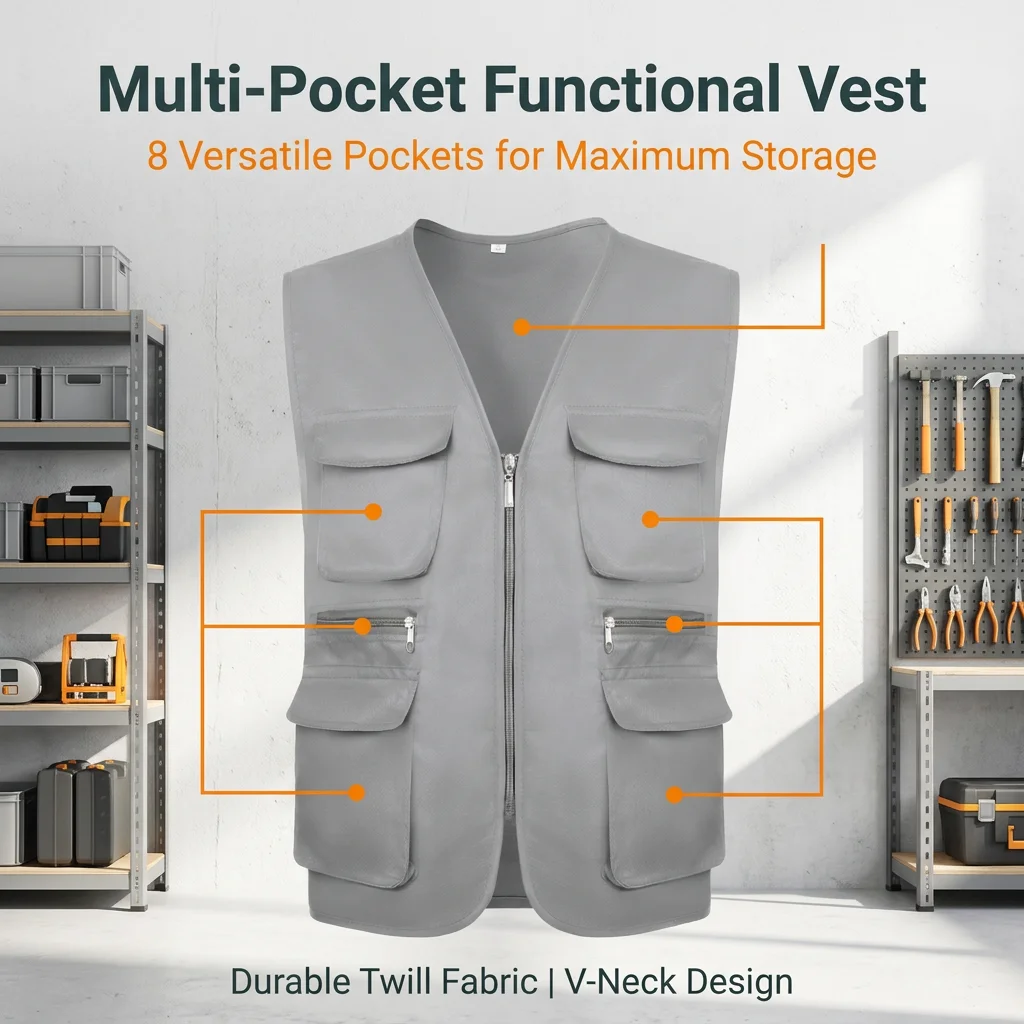 Men's Multi-Pocket Functional Work Vest with Custom Printing & Embroidery Logo - Durable Tool Vest for Construction,Photography