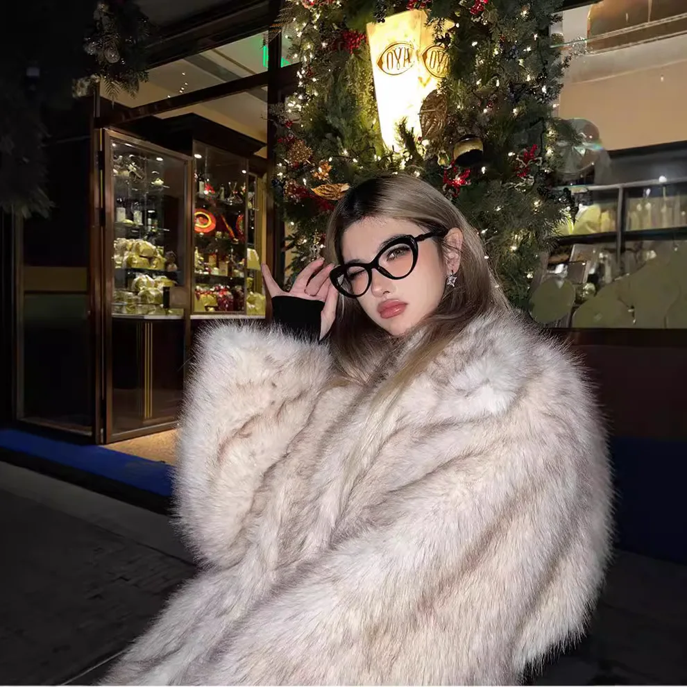 

Female's Mink Fur Jacket Loose Warm Lady Faux Fur Coat Women Luxury Winter Eco Fur Outwear Oversized Beige Lapel Collar Pockets
