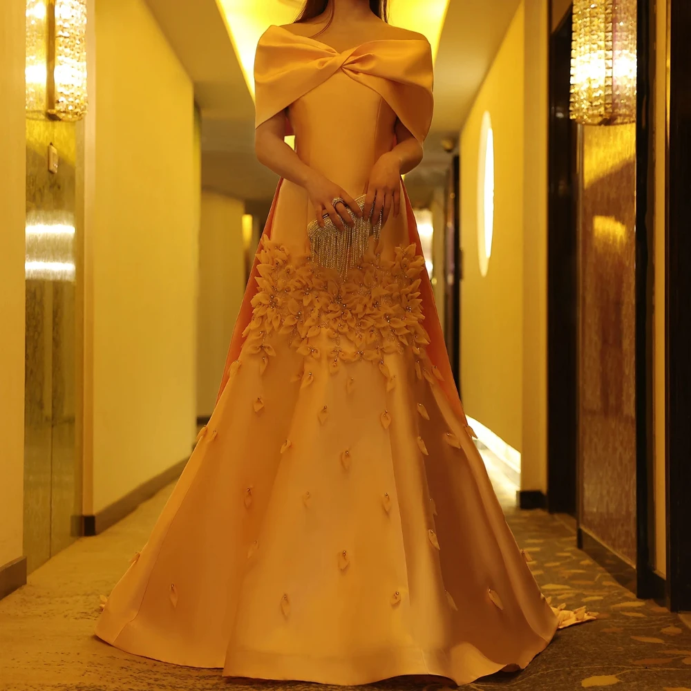 Vestidos de Noche de satén con flores 3D rosas de lujo, elegantes vestidos de fiesta de boda de línea a con cuentas de hombros descubiertos, vestidos de graduación de moda