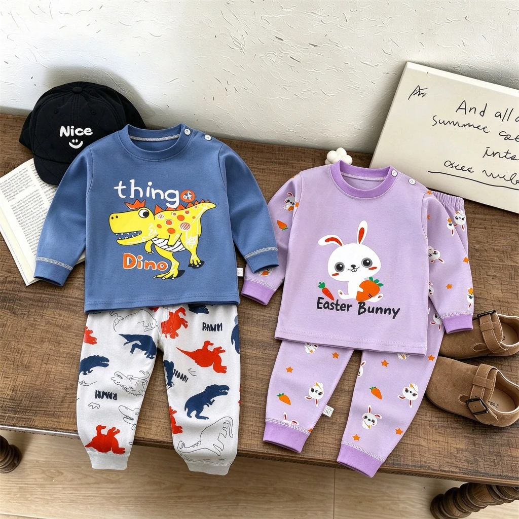 Kids Cartoon Pajamas Suits Full Print Long-sleeved Autumn Costume Baby Boys Girls Clothing Set New Soft Cotton Sleepwear Outfits