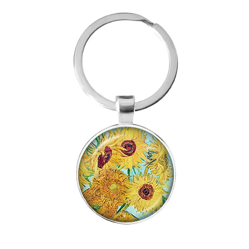 Fashion Van Gogh Art Starry Night Sunflower Keychain 25mm Glass Cabochon Dome Key Rings Keyholder For Women Men Gift