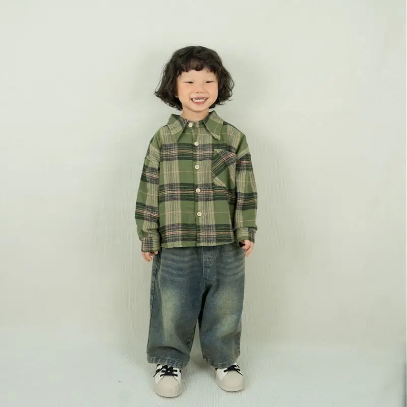Children's Shirt Autumn New Item 2025 Boys Girls Korean Version Retro Checkered Pocket Shirt Baby Korean Version Shirt Jacket