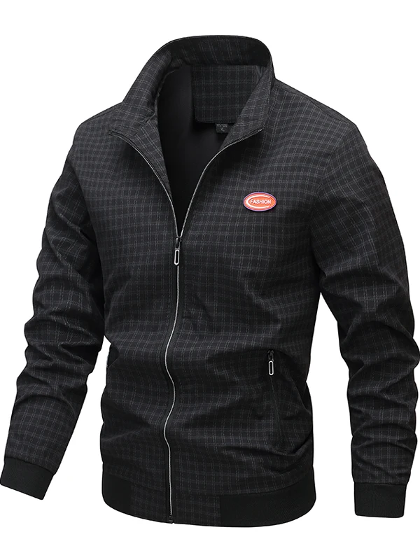 

Faionable Casual Plaid Stand Collar Jaet for Middle-Aged And Young People Spring Autumn Wear Polyester Fiber Windproof Lo...