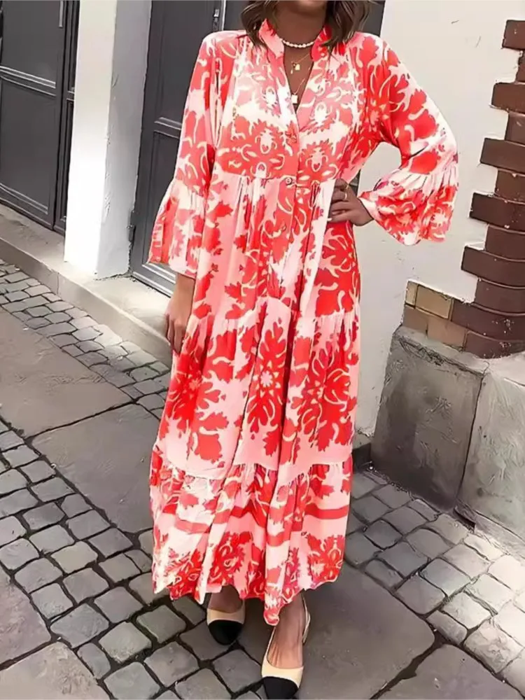 Elegant V-neck Flare Sleeve Boho Maxi Dress Women Casual Loose Autumn Dress Fashion Pattern Print Button Long Party Dresses