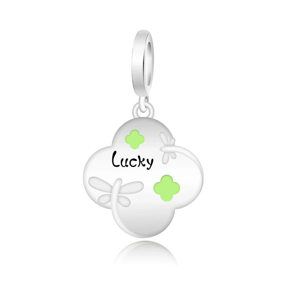 Handmade 925 Sterling Silver Four Cover Leaves & Sparkling Green Heart Dangle Charm Fits  Bracelet DIY Girl Necklace Gift