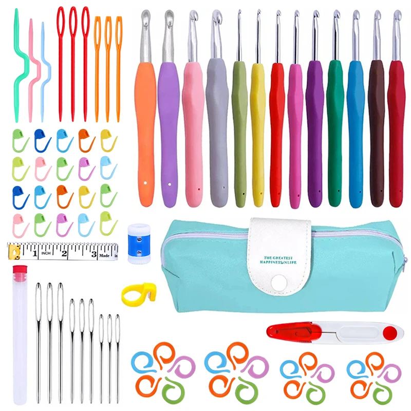 IMZAY 76Pcs Crochet Hooks Set With Ergonomic Handle Knitting Needles Big Eye Blunt Needles Plastic Sewing Needles Stitch Markers