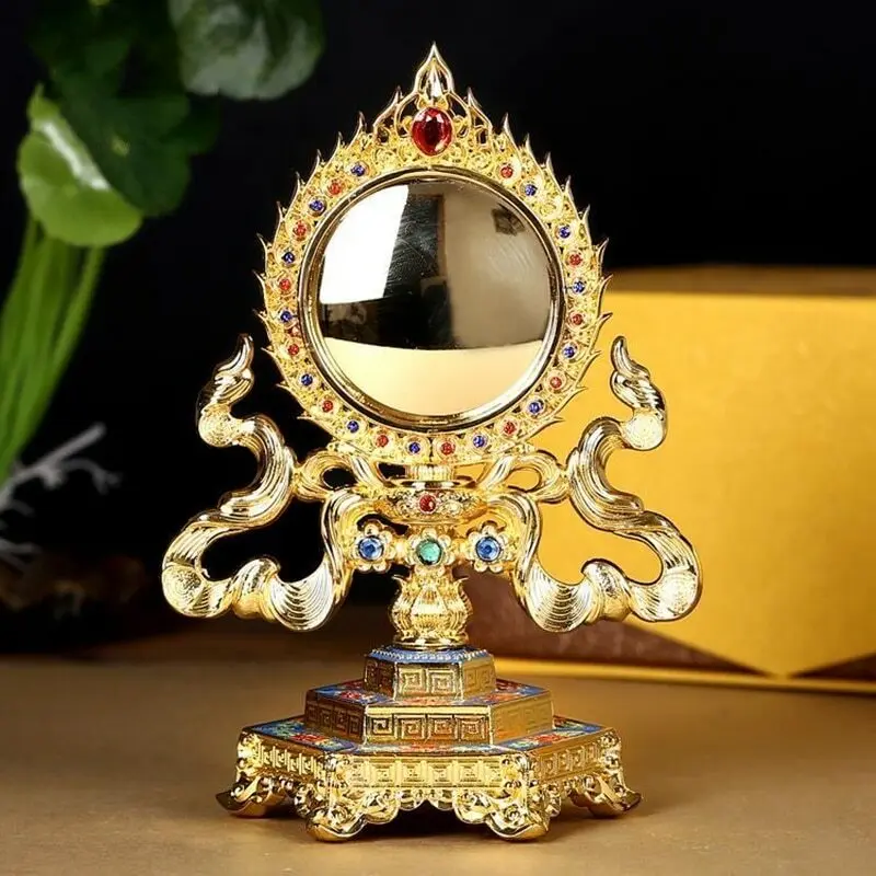 

18cm Gold Buddhist Tantric Mirror Alloy Handicraft Auspicious Tibetan Tribute
