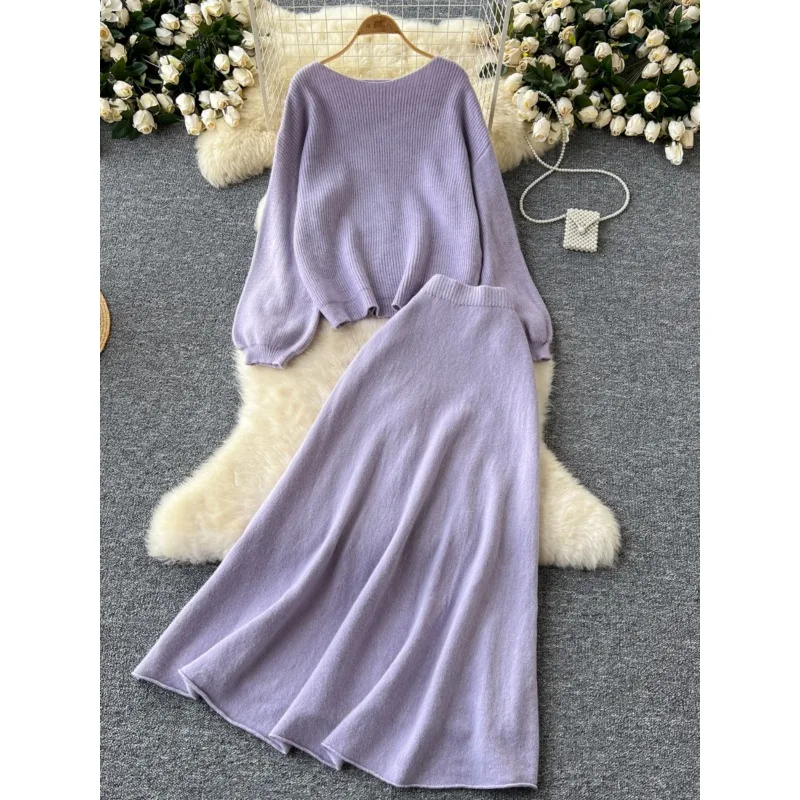 

Elegant Two-piece Sets Women's Korean Fashion Lazy Loose Casual Long-sleeved Sweater High Waist Sweater Skirt for Women
