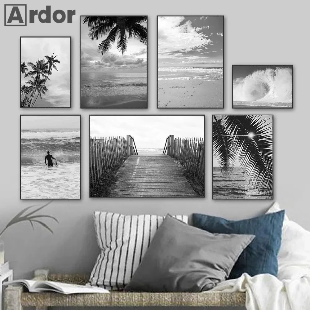 Black And White Palm Tree Art Posters Sea Waves Print Beach Scenery Canvas Painting Surf Poster Nordic Wall Pictures Home Decor