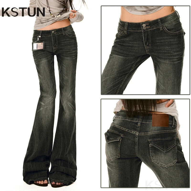 KSTUN Spicy Girl Low-rise Jeans Gray Stretch Women's Slim Flared Pants Office Lady Bell Bottom Trousers Vintage Fashion Pockets