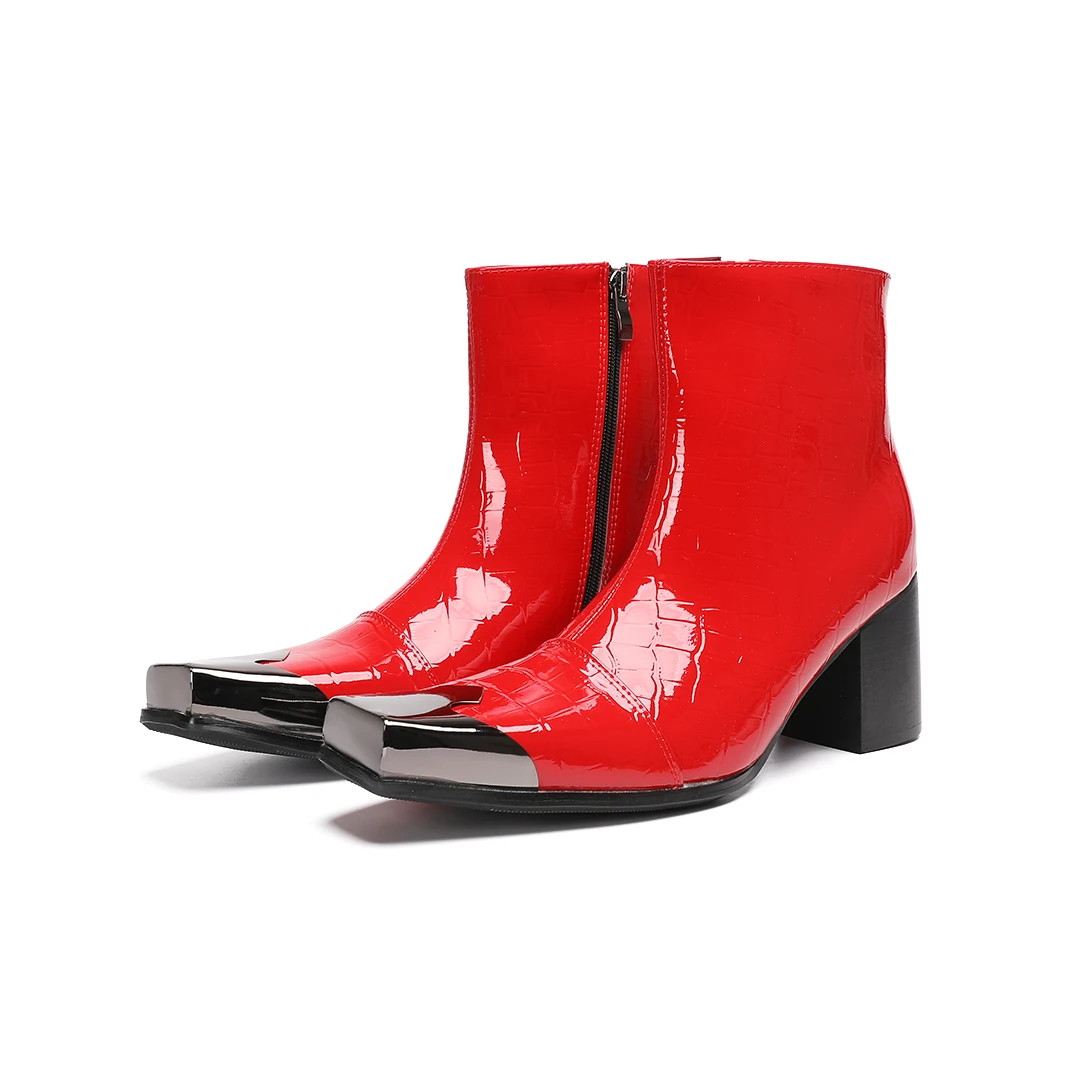 red patent leather men high heel boots zipper square toe motorcycle ankle boots plus size man dancer night club party shoes