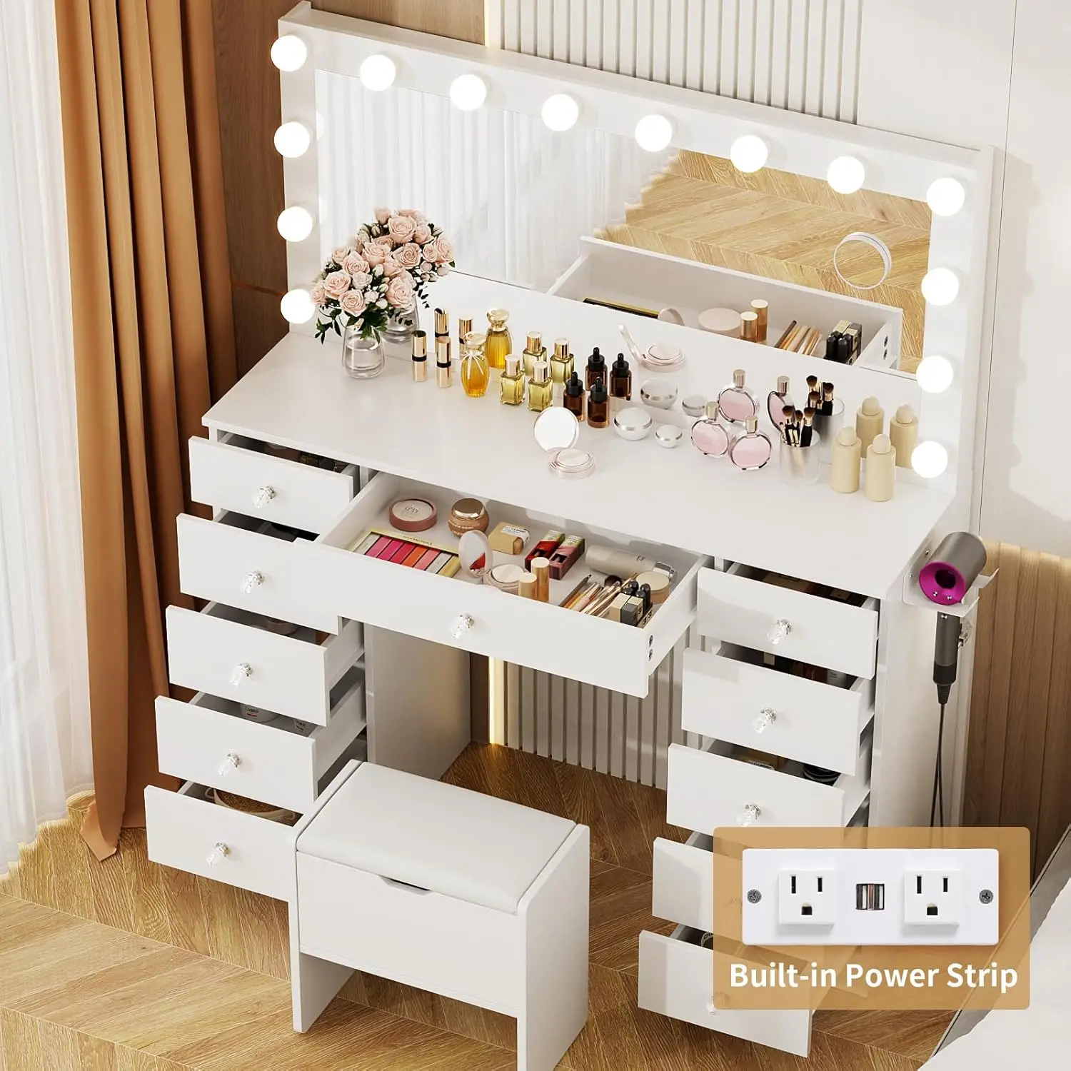 Mirror - Makeup Vanity Desk with 11 Drawers and Outlet, 3 Color Lighting Modes Adjustable Brightness, 46