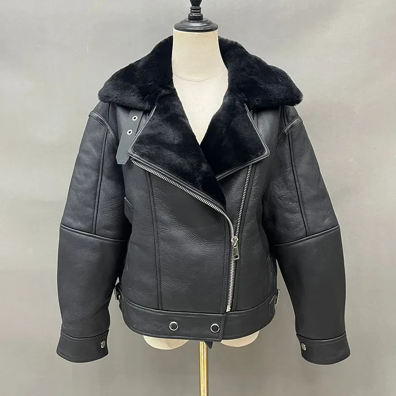 2023 Genuine Sheepskin Shearling Coats Women Real Leather Jacket Thick Warm Winter Stand Collar Crop Jacket MH5899L