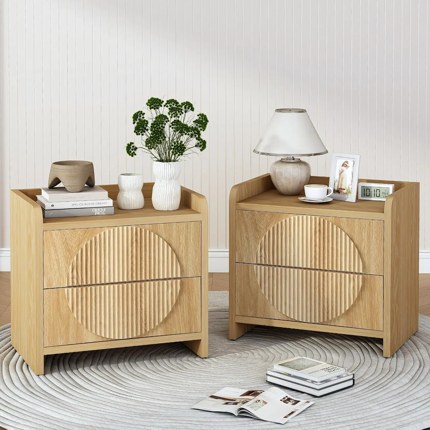 24" Wide Fluted Nightstands Set of 2 with 2 Drawers, Mid Century Modern Bedside Table with Storage, Customized