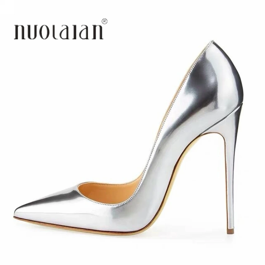 Solid Silver Women Pointy Toe High Heels 8/10/12cm Fashion Slip On Stilettos Ladies Formal Dress Shoes Customize Pumps