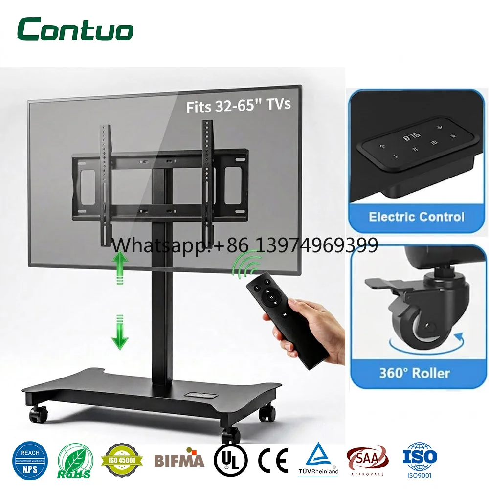 Motorized 32 to 65 Inch Height Adjustable TV Cart Mobile Heavy Duty Floor Rolling TV Stand With Wheels for Home Office