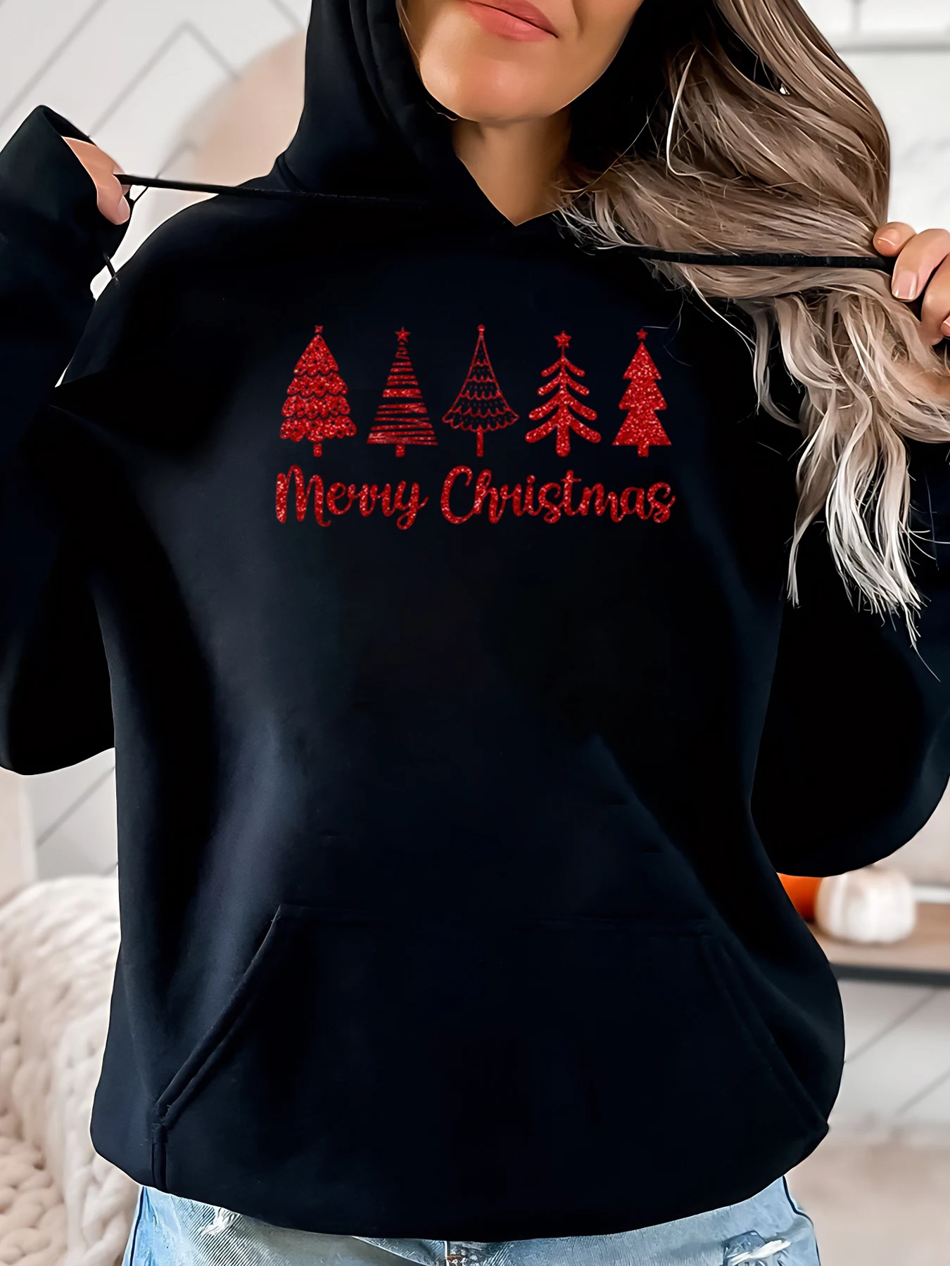 

Christmas Tree Merry Christmas Print Hoodie Women Holiday Casual Wear Black Plus-Size