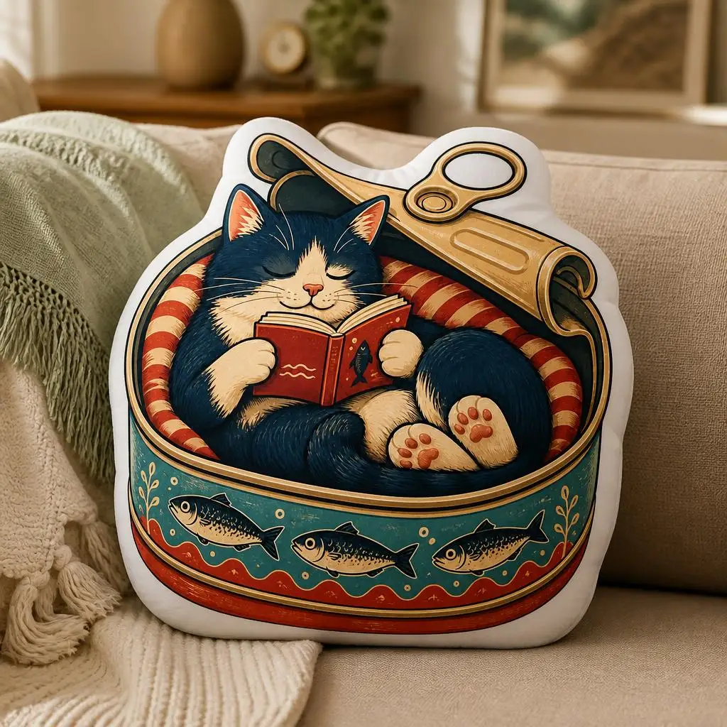 Reading Cat Sardine Tin Pillow Book Lover Cushion Funny Literary Throw Pillow Shaped Stuffed Sofa Home Decor Gift for Readers