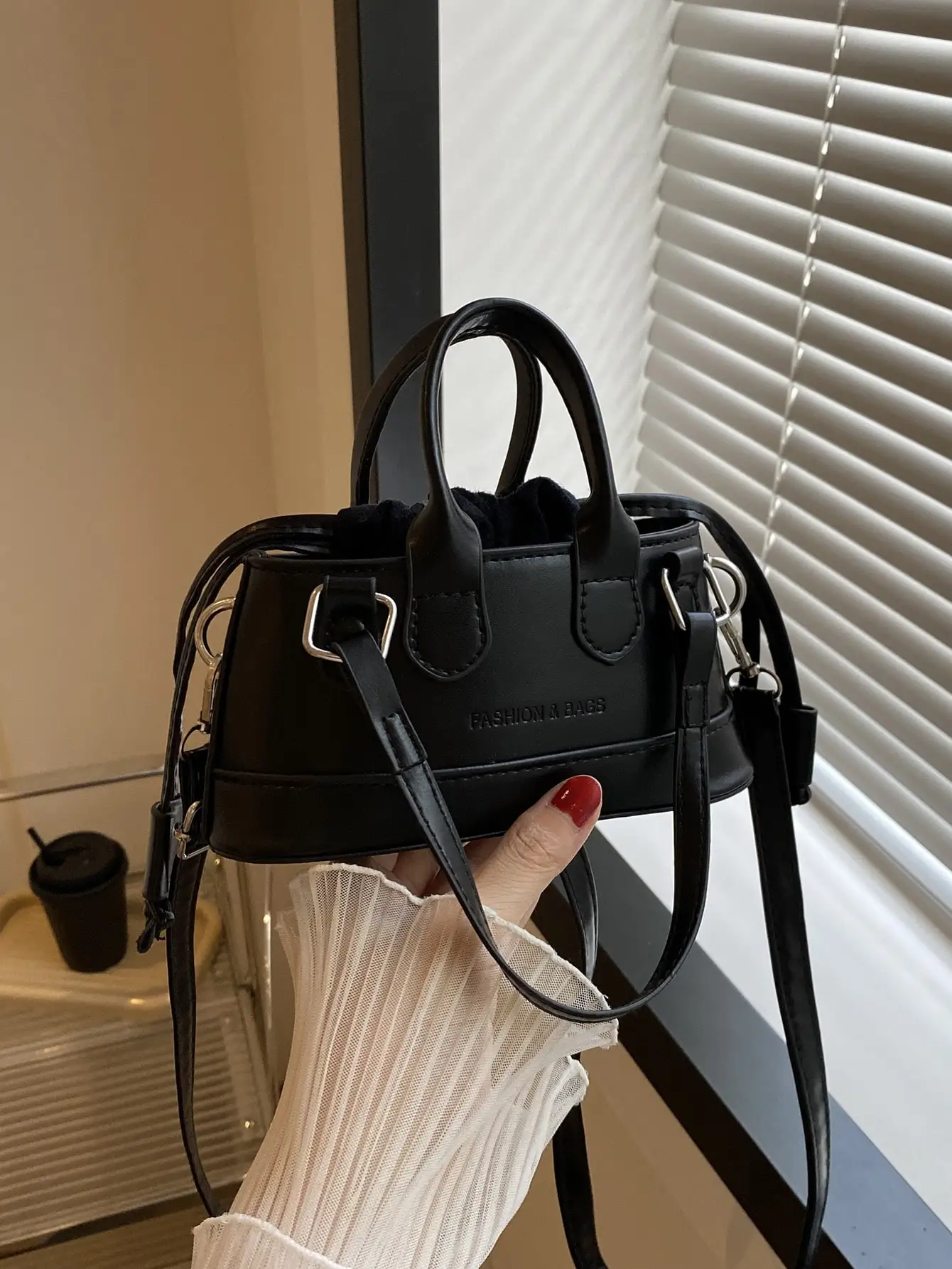 

Mini Black Structured Top-Handle Crossbody Bag with Velvet Lining