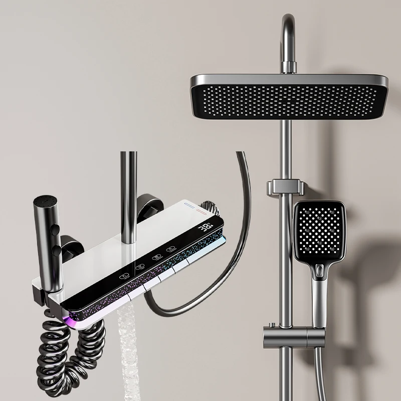

Relaxing Rainfall Shower with Digital Touch & Shelf – Smart Thermostatic Wall-Mounted System for Nighttime Renewal