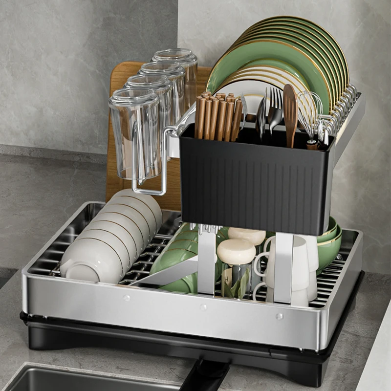 

Double-Layer Kitchen Stainless Steel Dish Drain Rack Household Foldable Multi-Functional Bowl Chopsticks organizador de cocina