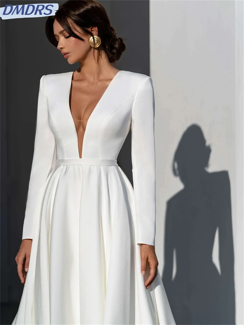 Elegante cetim até o chão vestido de baile 2024 gracioso vestido de noiva de manga comprida sexy com decote em v a linha noiva robe vestidos de novia