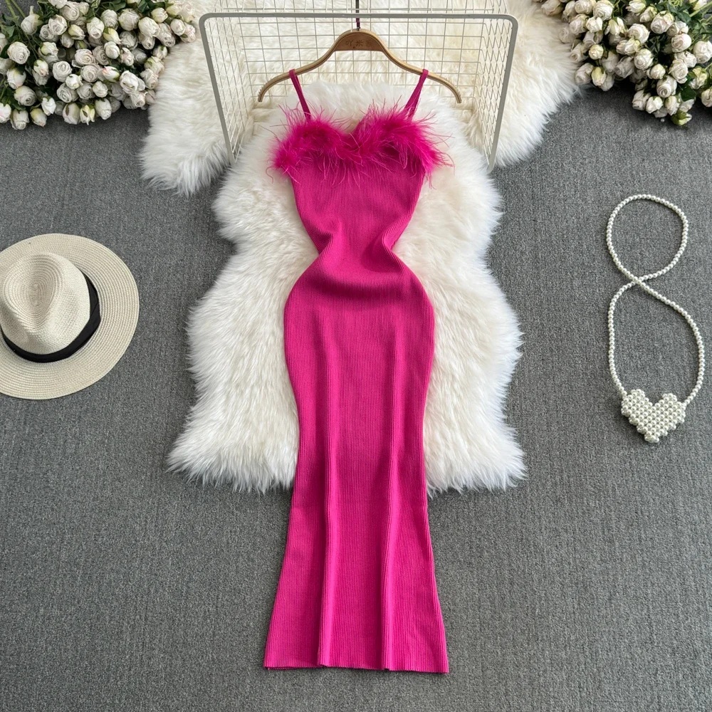 Foamlina 2024 Spring New Orange Knit Dress Women's Socialite Fur Patchwork Bra Dress Girls Waist Close Bottom Knit Camis Dresses