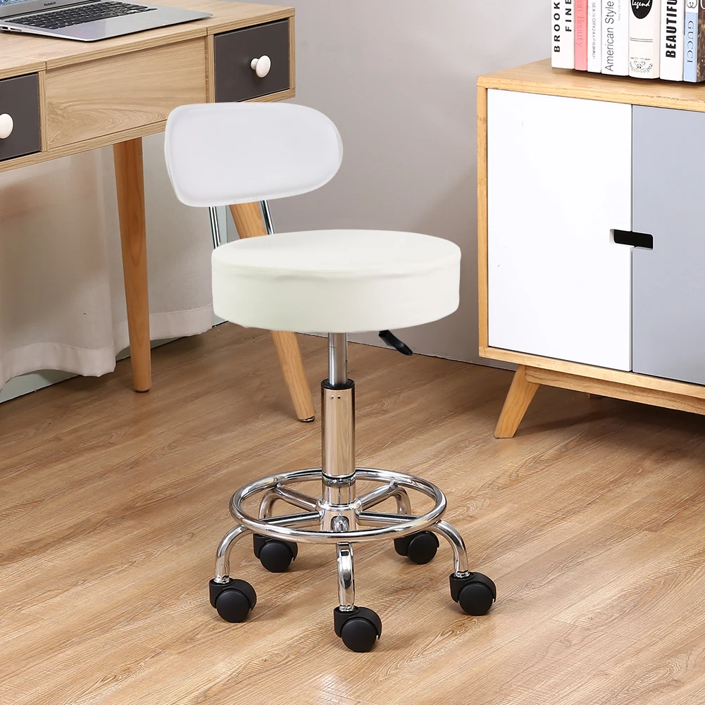 KKTONER-Tabouret à Roulettes en Cuir PU, à Dossier Moyen, avec Repose-Pieds, Chaise de Travail à Comcussion, Réglable, pour Ordinateur de Bureau, à Domicile, Blanc