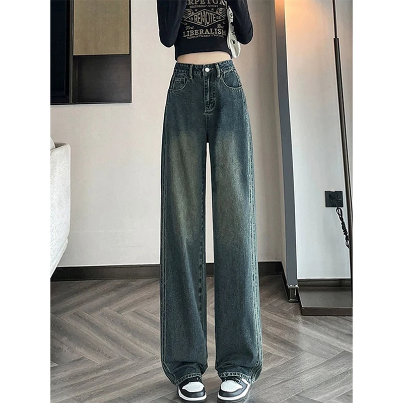 Spring Autumn New Simple Trendy Vintage High Street Wash Wide Leg Jeans Women Pocket Zipper High Waist Loose Straight Pants 2024