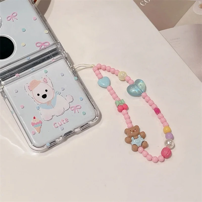 Korea Cute 3D Bear Cherry Heart Beaded Phone Chain Charm Lanyard For iPhone Samsung Huawei Universal Accessories Jewelry Pendant