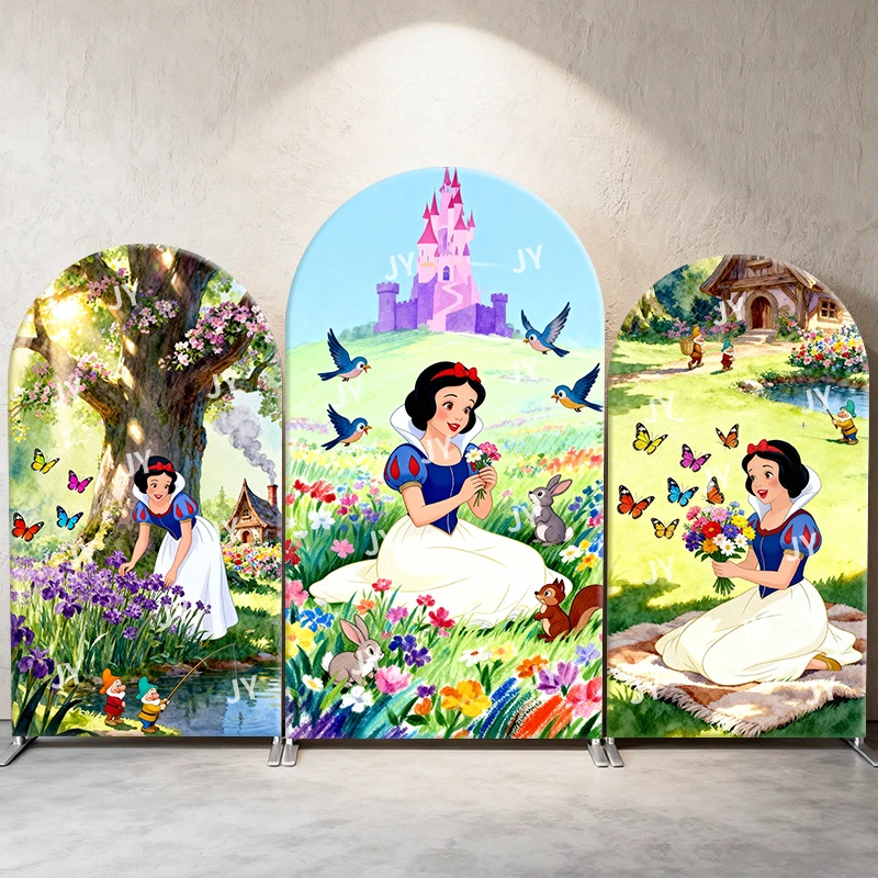 

Snow White Arch Backdrop Cover Castle and Forest Floral Theme Cute Cartoon Birthday and Baby Shower Photo Booth Decor