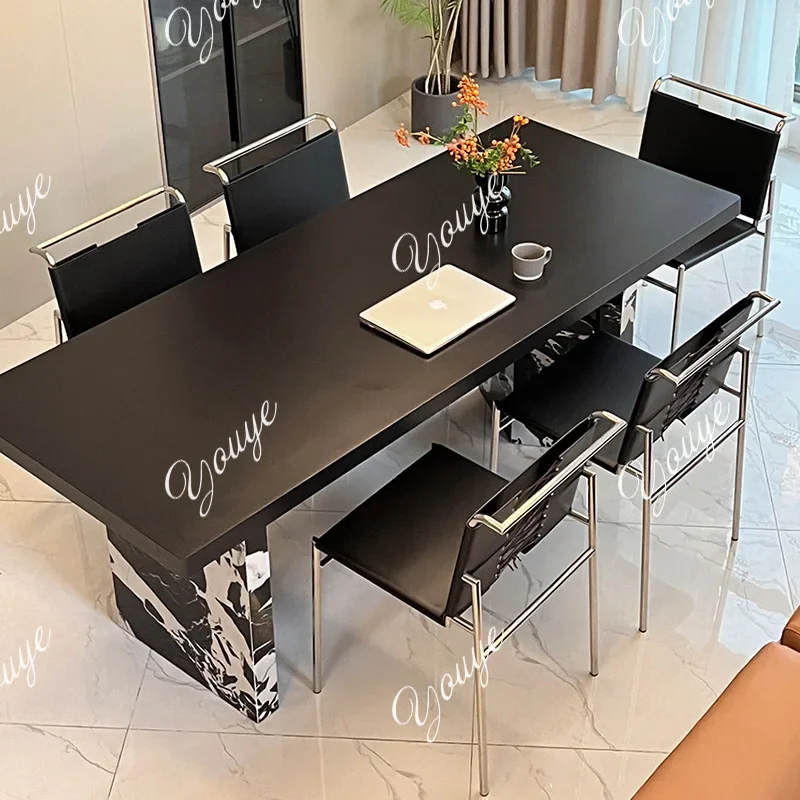MX Italian Pure Black Rock Slab Dining Table And Chair Combination Bauhaus Style Large Apartment Simple Modern Rectangular Tea D