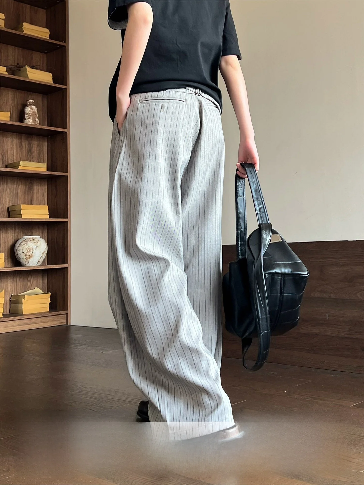 

Ja1 Classic Vertical Stripe Casual Suit Pants Unisex High Waist Polyester Fiber No Brand Registered Trademark Commute