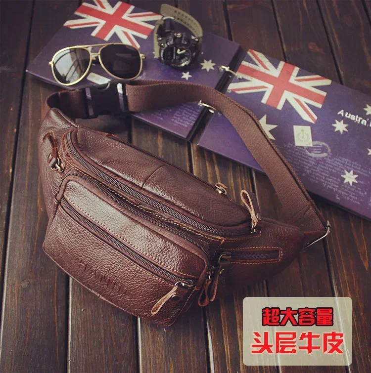 Genuine Cowhide Leather Waist Bag Men Funny Pack Belt bag Phone Pouch Multiple Pocket Hiking Running And Cycling bags fanny pack