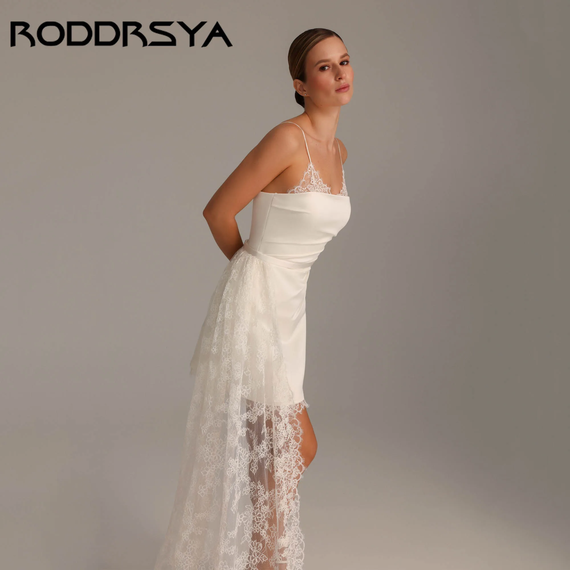 RODDRSYA Satin Lace Mini Wedding Dress With Detachable Side Train Spaghetti Straps Elegant Bridal Shower Gowns Vestidos De Novia
