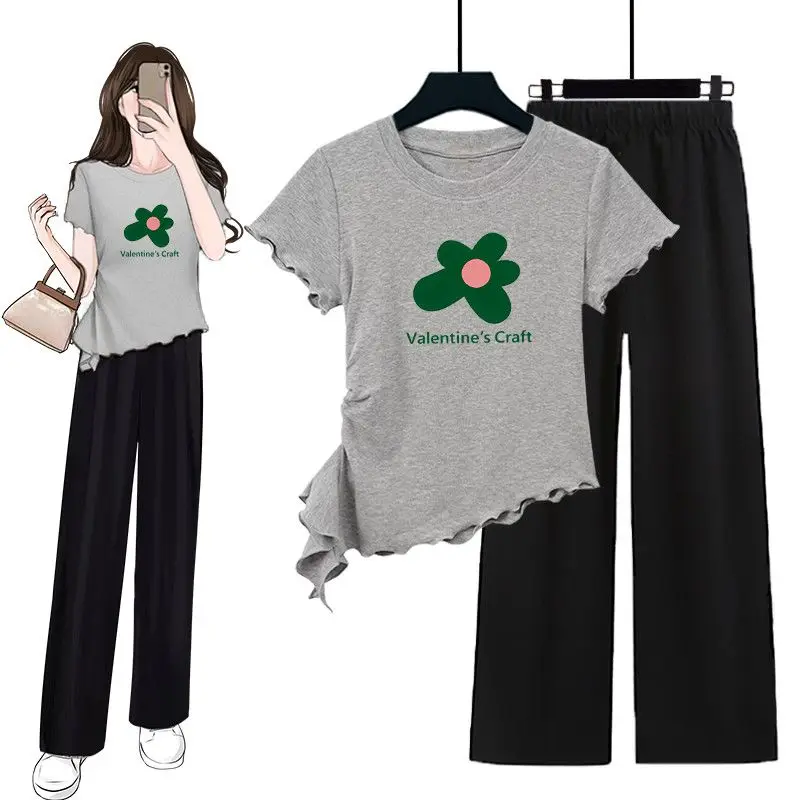 

Casual Set Women's Spring and Summer Irregular Hem Slim Fit Short Sleeved T-shirt+wide Leg Pants Two-piece Set