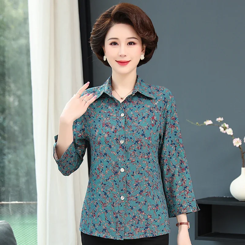 Middle-aged Women\'s Shirt Summer 2023 New Casual Women Long Sleeve Tee Shirt Vintage Elegant Loose Blouse Ladies Summer Clothes