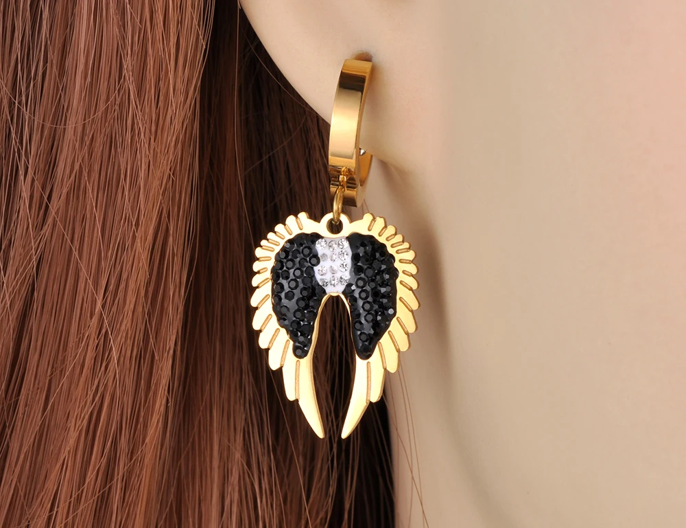 Lokaer Trendy Stainless Steel Rhinestone Angel Wings Heart Earrings Jewelry CZ Crystal Party Earrings For Women Girls E21128