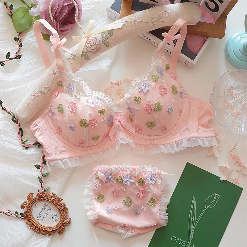 Flowers Japanese underwear thin cup colorful lingerie three-dimensional embroidery bra set with steel ring gathered bras