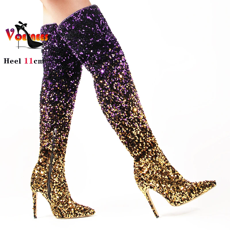 Shoes For Women Shiny Gradient Sequin Stretch Boots 11CM Over-the-Knee Boots 2024 Spring/Autumn Pointed Toe Zipper Long Boots