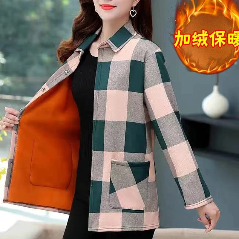 Winter New Plaid Fleece Pockets Patchwork Blouse Long Sleeve Loose Plus Size Vintage Shirt Tops Casual Fashion Women Clothing