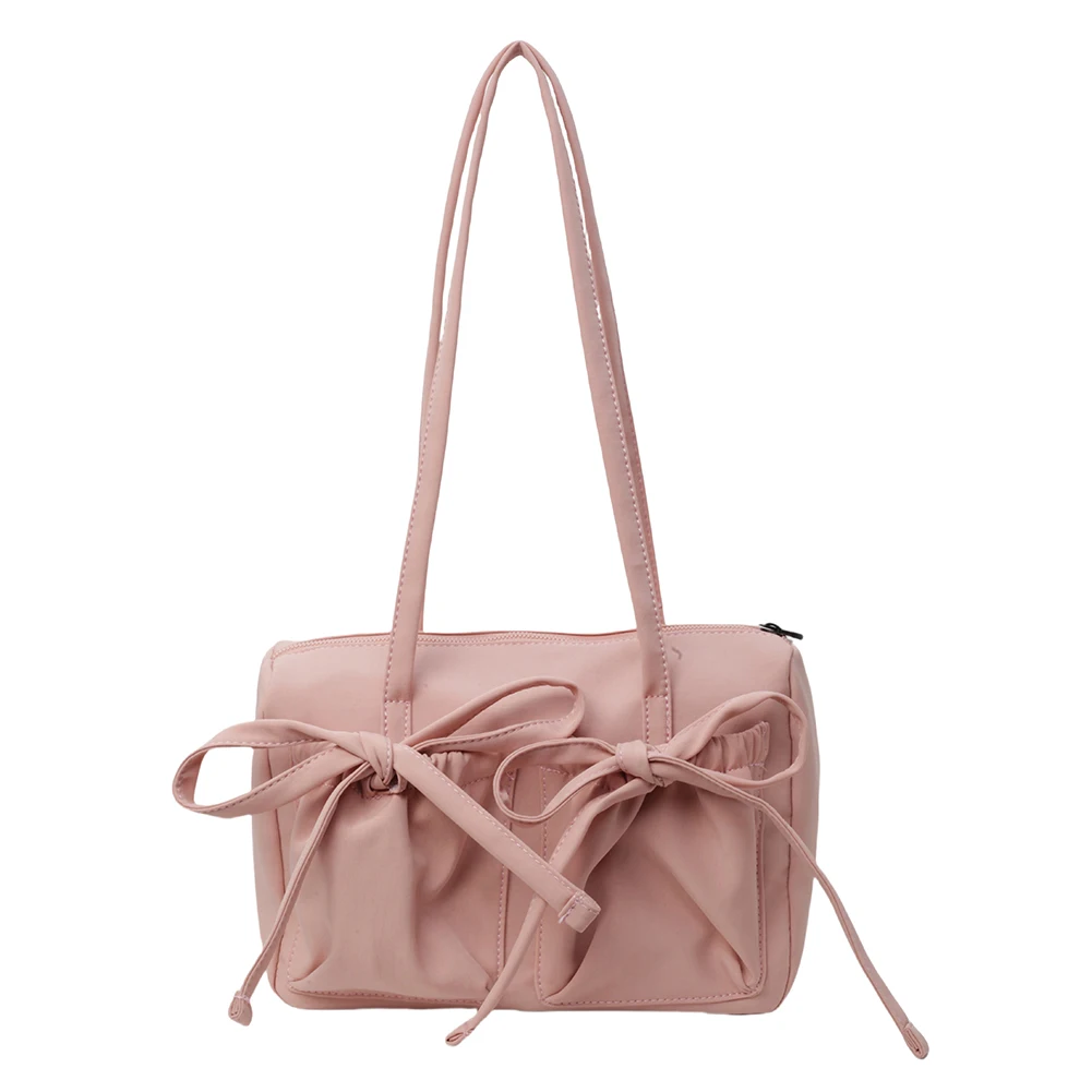 Cute Bow Tote Bag Casual Nylon Fashion Shoulder Purse Solid Color Grocery Purse Zipper Closure for Women Daily Use and Commuting