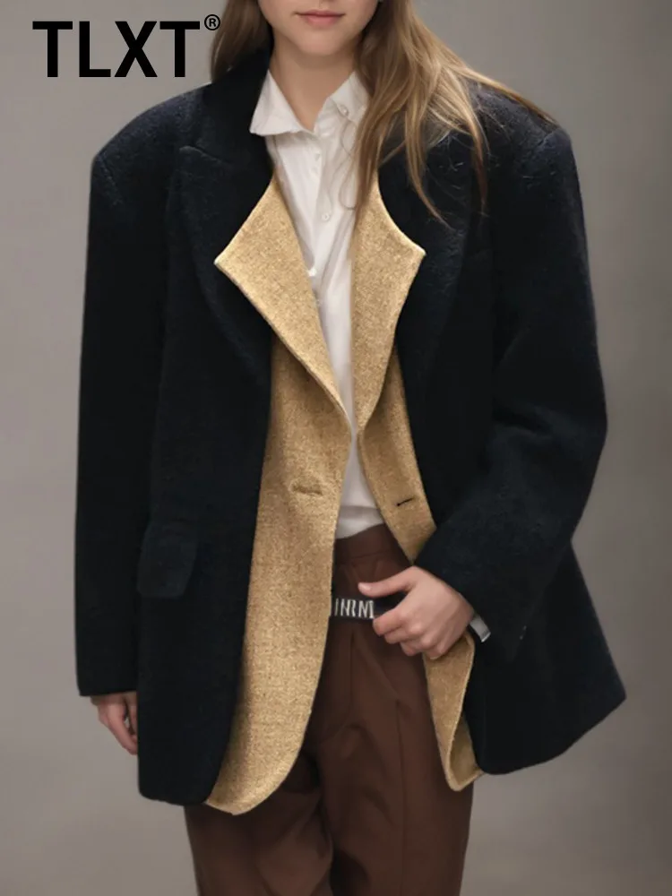 

TLXT Fashion Women's Contrast Color Patchwotk Fake 2 Piece Blends Blazer Lapel Loose Single Button Suit Jacket Autumn New XK1513